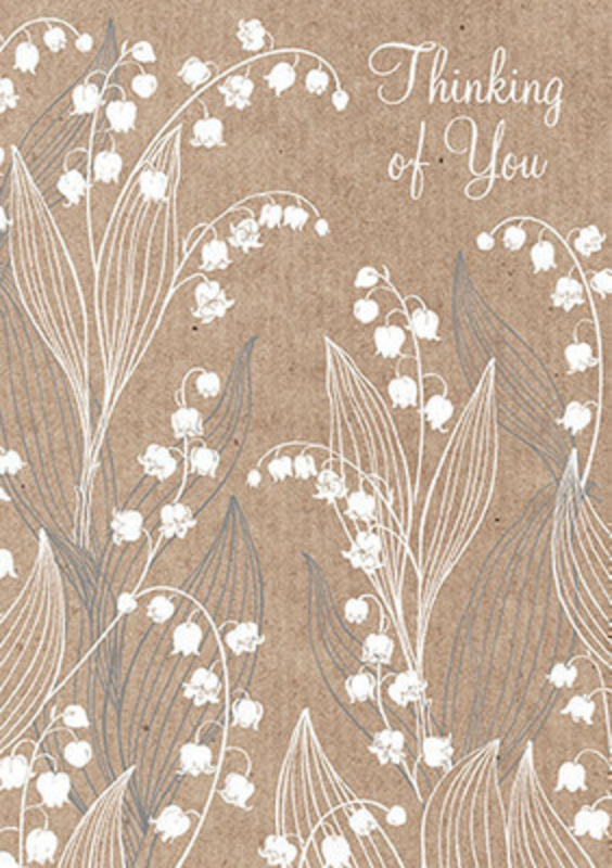 Lily Of The Valley Thinking Of You Card by Paper Rose This greetings card from Paper Rose is decorated with Lily of the Valley with the words Thinking of You on the front. The card is blank inside so you can write your own message and it comes complete with a white envelope.